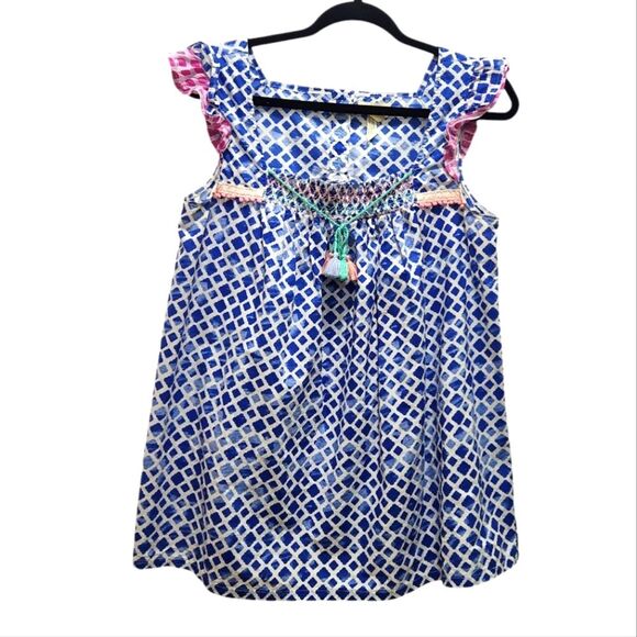 Matilda Jane Hula Hoop Blue Tassel Smocked Top Ruffle Sleeves Women Sz M Summer - Picture 1 of 6
